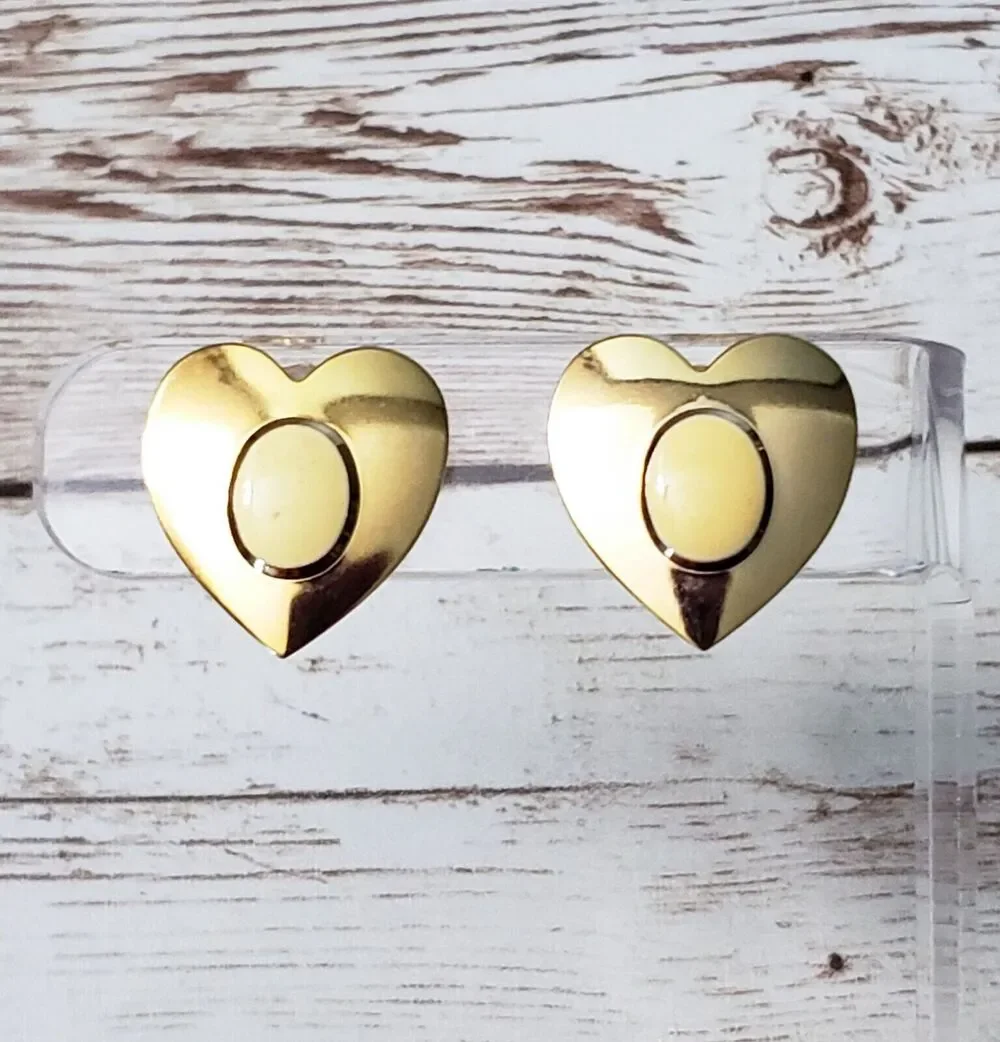 Vintage Clip On Earrings - Gold Tone Heart with Cream Center 7/8